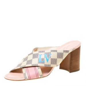 Pre Owned Louis Vuitton Damier Azur Canvas Panorama Slide Mule Sandals Size 37.5