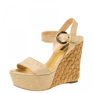 Pre Owned صندل لوي فيتون تويليريس نعل سميك كعب روكي سير كاحل كانفاس كريمي و ذهبي مقاس 37