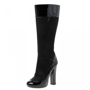 Pre Owned Louis Vuitton Black Suede And Patent Leather Platform Boots Size 38