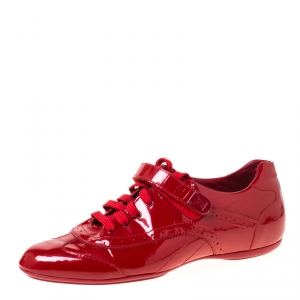 Louis Vuitton Red Patent Leather Brogue Velcro Strap Sneakers Size 36