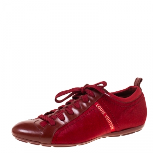 Louis Vuitton Red Calfhair and Leather Lace Up Low Top Sneakers Size 39