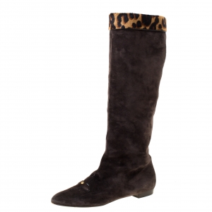 Pre Owned Louis Vuitton Dark Brown Suede and Leopard Print Trim Knee Length Boots Size 37 
