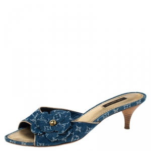 Pre Owned Louis Vuitton Blue Monogram Denim Freesia Slide Sandals Size 38