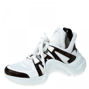 Louis Vuitton White/Brown Leather And Monogram Canvas Archlight Lace Up Sneakers Size 38