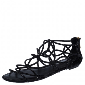 Louis Vuitton Black Leather/Satin Crystal Embellished Cut Out Flat Sandals Size 40