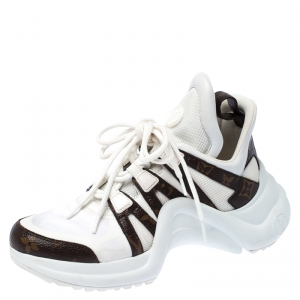 Louis Vuitton White/Brown Leather And Monogram Canvas Archlight Lace Up Sneakers Size 38
