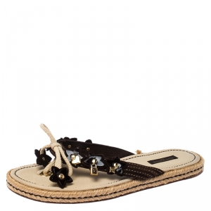 Pre Owned Louis Vuitton Brown Suede Leather Charm Embellished Espadrille Flats Size 39.5