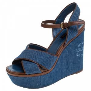 مملوكة مسبقًا Louis Vuitton Blue/Brown Criss Cross Denim Ankle Strap Platform Wedge Sandals Size 39