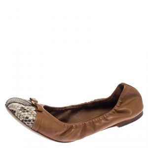 Pre Owned Louis Vuitton Tan/Beige Leather and Python Elba Cap Toe Ballet Flats Size 37