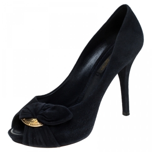 Pre Owned Louis Vuitton Navy Blue Suede Catania Peep Toe Platform Pumps Size 36