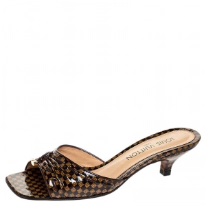 Pre Owned Louis Vuitton Brown/Beige Damier Ebene Patent Leather Mule Slides Size 37