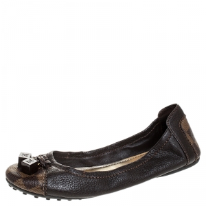 Pre Owned Louis Vuitton Brown Leather And Damier Canvas Cube Logo Cap Toe Ballet Flats Size 39