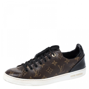Louis Vuitton Brown Monogram Canvas and Black Patent Frontrow Low Top Sneakers Size 40