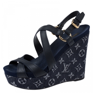 Pre Owned Louis Vuitton Blue Denim And Leather Ocean Criss Cross Wedge Sandals Size 39