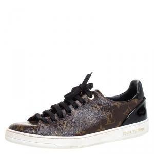 Louis Vuitton Brown Monogram Canvas and Black Patent Leather Frontrow Low Top Sneakers Size 39