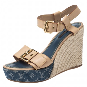 Pre Owned Louis Vuitton Beige Leather Espadrilles Wedge Platform Ankle Strap Sandals Size 38