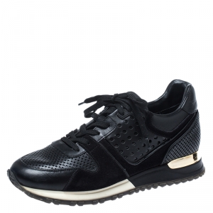 Louis Vuitton Black Perforated Leather and Suede Run Away Sneakers Size 38