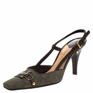 Pre Owned Louis Vuitton Green/Brown Mini Lin Canvas And Leather Square Toe Slingback Sandals Size 39