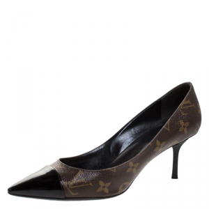 Pre Owned Louis Vuitton Brown Monogram Canvas And Patent Leather Trim Fetish Pointed Toe Pumps Size 37