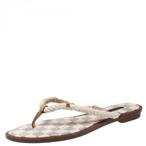 Pre Owned Louis Vuitton White Rope And Leather Trim Thong Slide Flats Size 40