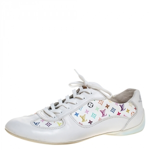 Louis Vuitton White Leather And Multicolor Monogram Canvas Lace Up Sneakers Size 39.5
