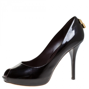 Pre Owned Louis Vuitton Black Patent Leather Oh Really! Peep Toe Platform Pumps Size 38.5