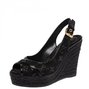 Pre Owned Louis Vuitton Black Monogram Denim Bastille Espadrilles Slingback Wedge Sandals Size 37