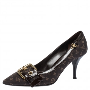Pre Owned Louis Vuitton Brown Monogram Canvas Mini Lin Buckle Detail Pointed Toe Pumps Size 36