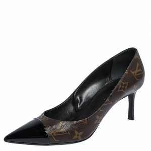 Pre Owned حذاء كعب عالي لوي فيتون "فيتش" بمقدمة مدببة كانفاس مونوغرامي بني و جلد مقدمة أسود مقاس 38.5