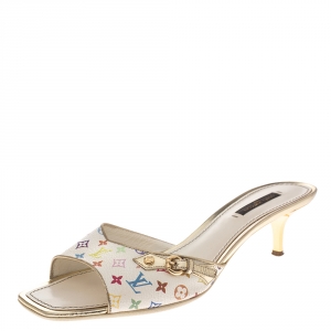 Pre Owned Louis Vuitton White Multicolor Monogram Canvas Slide Sandals Size 38