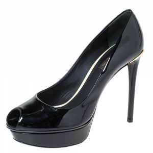 Pre Owned Louis Vuitton Black Patent Leather Eyeline Peep Toe Platform Pumps Size 38