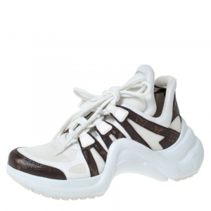 Louis Vuitton White/Brown Leather And Monogram Canvas Archlight Lace Up Sneakers Size 37