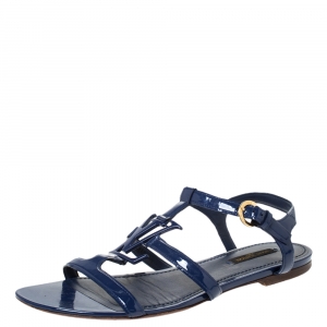 Pre Owned Louis Vuitton Blue Patent LV Logo Strappy Flat Sandals Size 39