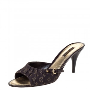 Pre Owned Louis Vuitton Brown Mini Monogram Pleated Canvas Slide Mule Sandals Size 38