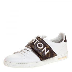 Louis Vuitton White Leather And Canvas Trim Frontrow Low Top Sneakers Size 37.5
