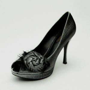 Pre Owned Louis Vuitton Silver Satin Moir Galourize Me Peep Toe Pumps Size 38