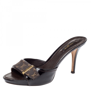 Louis Vuitton Brown Patent Laether and Mini Lin Canvas Slide Sandals Size 38.5
