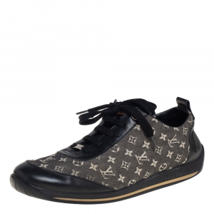 Pre Owned Louis Vuitton Black Leather And Two Tone Mini Lin Monogram Canvas Low Top Sneakers Size 40