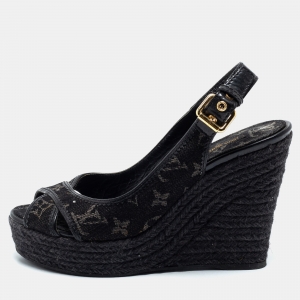 Louis Vuitton Black Monogram Denim Bastille Espadrilles Slingback Wedge Sandals Size 38.5
