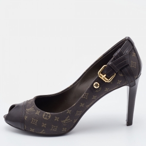 Pre Owned Louis Vuitton Monogram Mini Lin Canvas Barbara Peep Toe Pumps Size 38