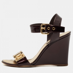 Louis Vuitton Brown Patent Leather Wedge Ankle Strap Sandals Size 37