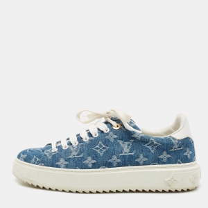 Louis Vuitton White/Blue Monogram Denim and Leather Time Out Low Top Sneakers Size 39.5
