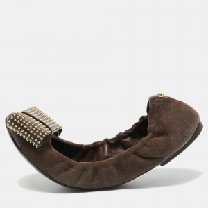 Louis Vuitton Brown Suede Studded Bow Ballet Flats Size 38
