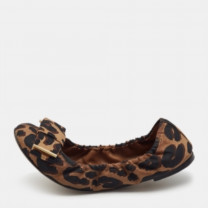 Pre Owned Louis Vuitton Brown/Black Leopard Print Canvas Bow Scrunch Ballet Flats Size 38