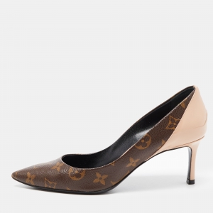Pre Owned Louis Vuitton Brown/Beige Monogram Coated Canvas and Patent Leather Chérie Pointed Toe Pumps Size 37