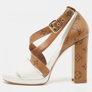 Louis Vuitton White/Brown Monogram Canvas and Leather Matchmake Sandals Size 38
