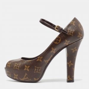 Louis Vuitton Brown Monogram Canvas Peep Toe Mary Jane Pumps Size 37
