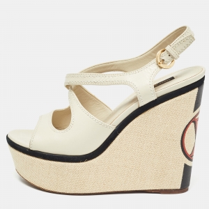 Louis Vuitton Cream Leather Wedge  Ankle Strap Sandals Size 38
