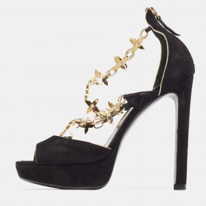 مملوكة مسبقًا Louis Vuitton Black Suede Gold Sweater Lady Open Toe Platform Sandals Size 37.5