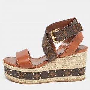 Louis Vuitton Brown Leather and Monogram Canvas Boundary Wedge Sandals Size 37